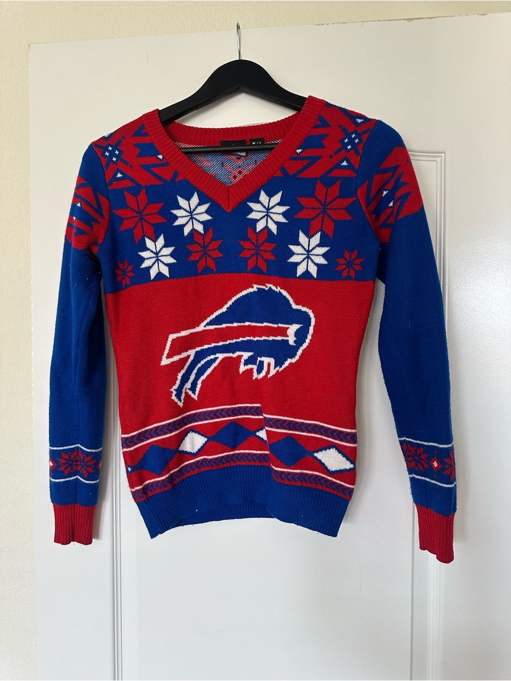 NFL Red and Blue V-Neck Holiday Sweater